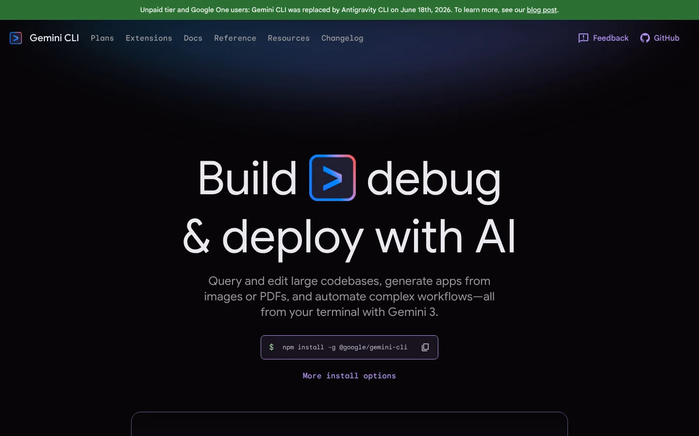 La page d'accueil de Gemini CLI, l'agent de code de Google dans le terminal