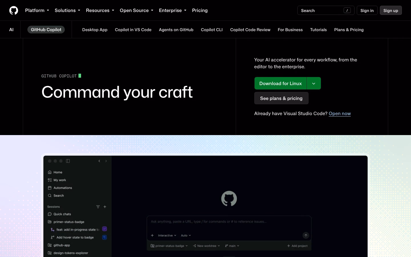 La page d'accueil de GitHub Copilot