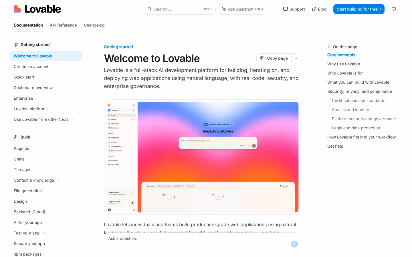 La page d'accueil de la documentation de Lovable, générateur d'application par IA