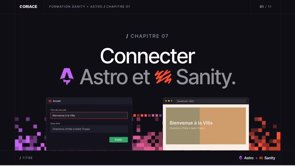 Slide titre du chapitre 7 : connecter Astro et Sanity