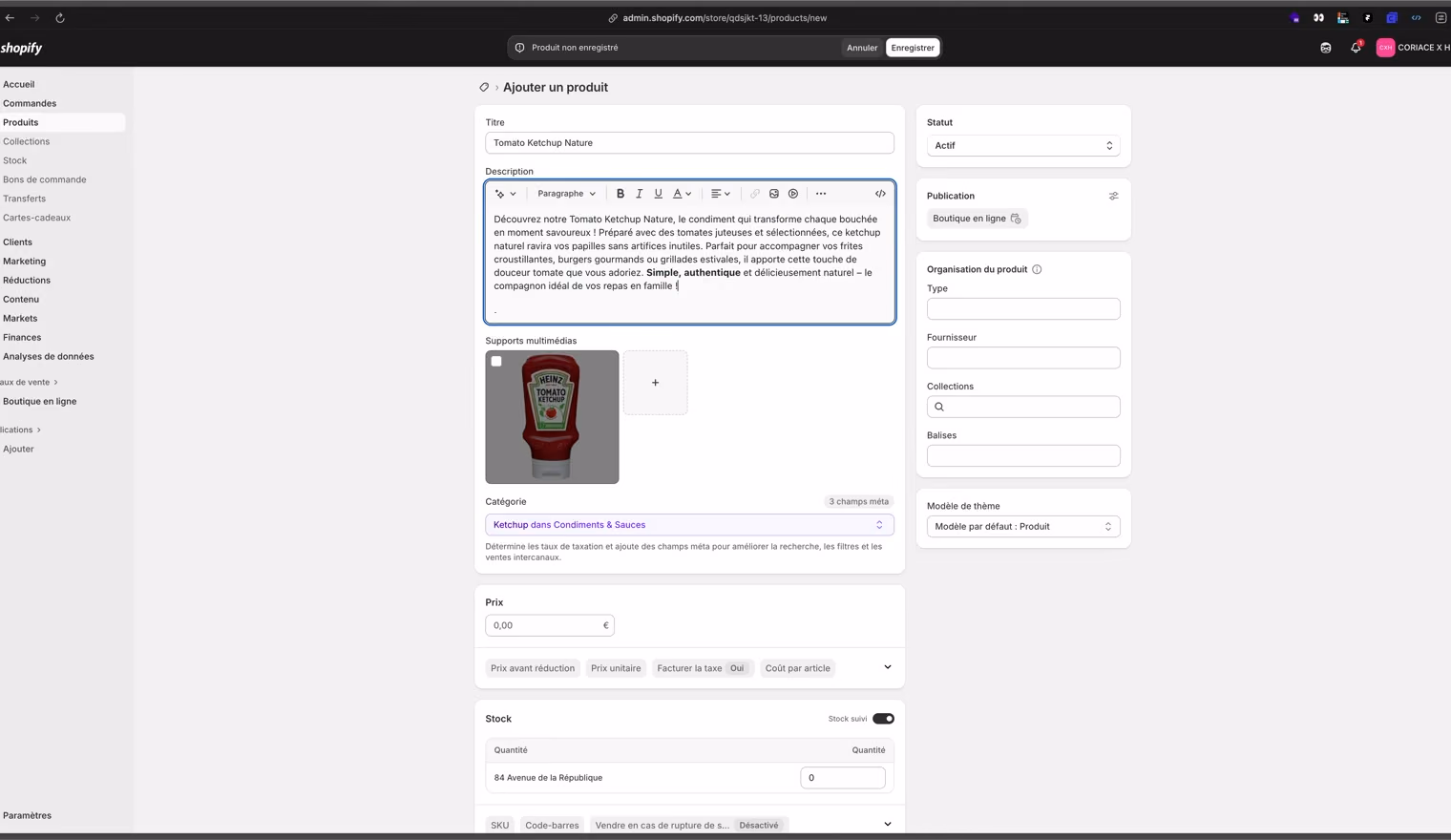 Une fiche produit créée dans l'administration Shopify