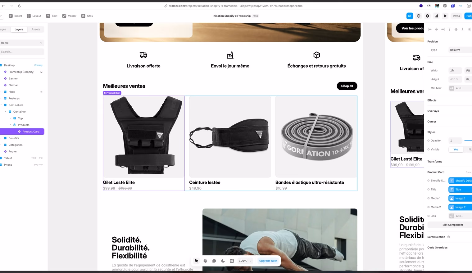 Les produits Shopify affichés dans Framer via Frameship