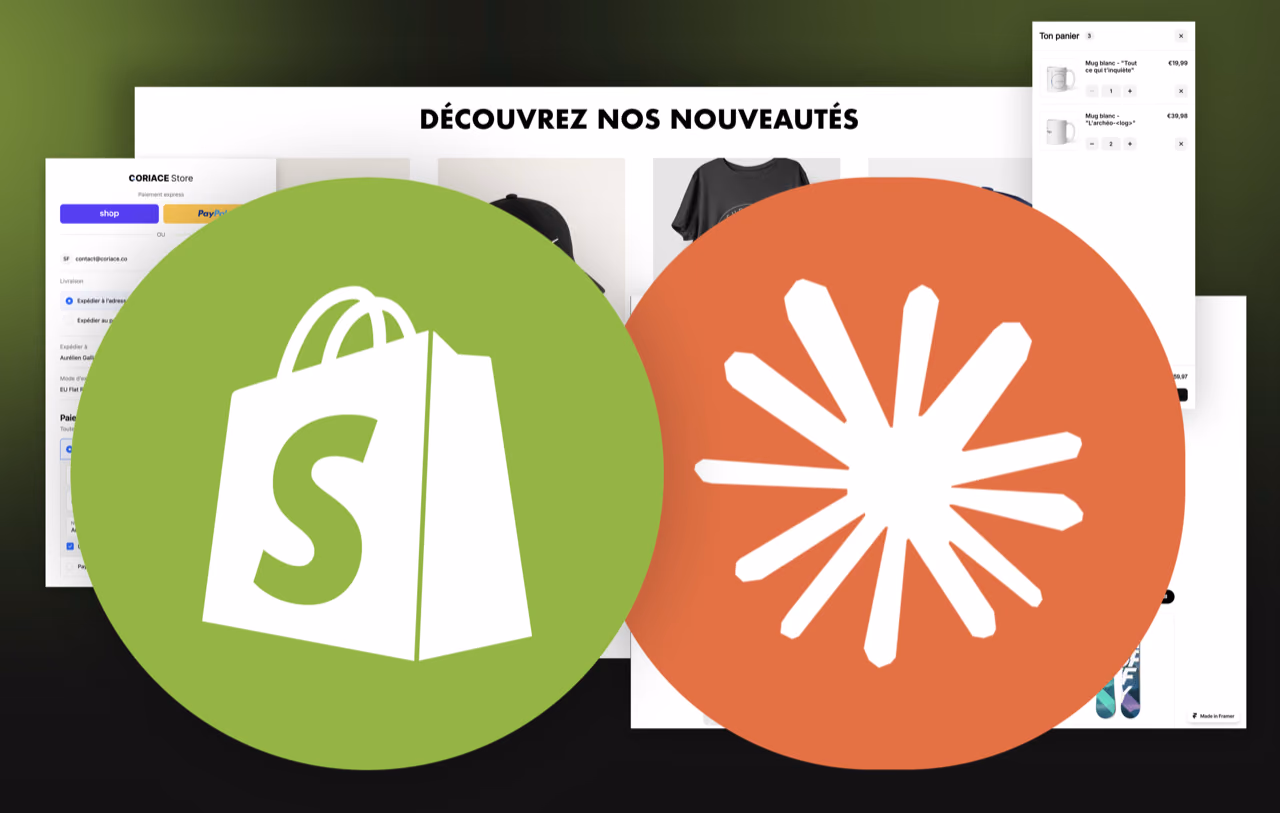 Le visuel de la formation Shopify : une boutique en ligne, le logo Shopify et l'astérisque Coriace