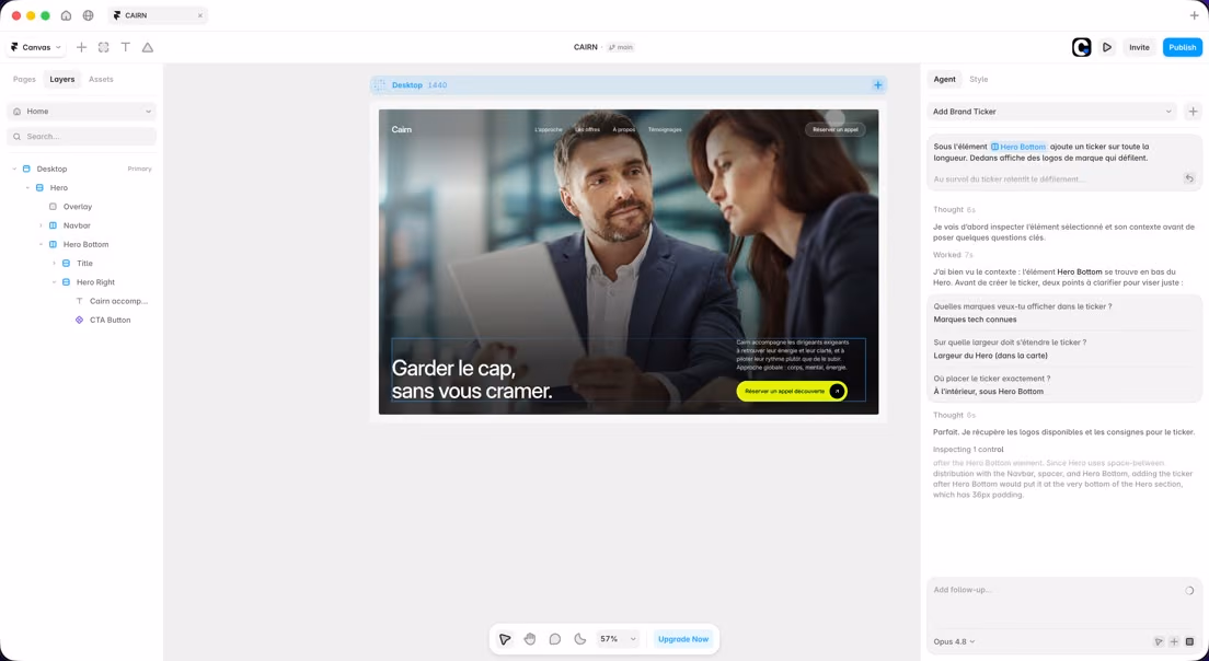 Une landing page Framer et le document de direction créative qui l'a produite