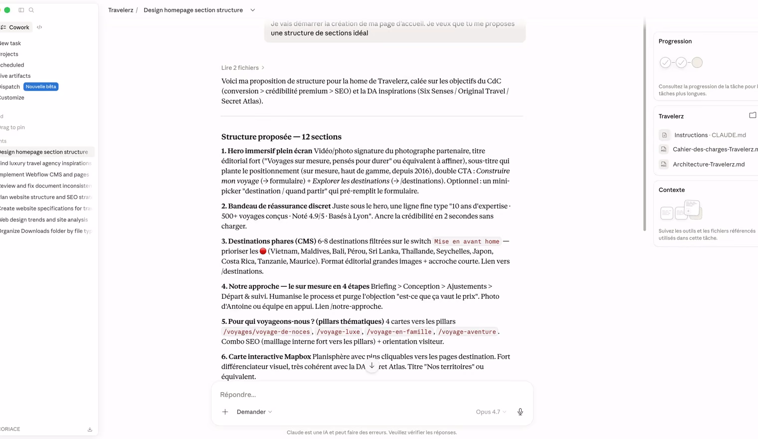 Claude propose la structure d'une page en douze sections