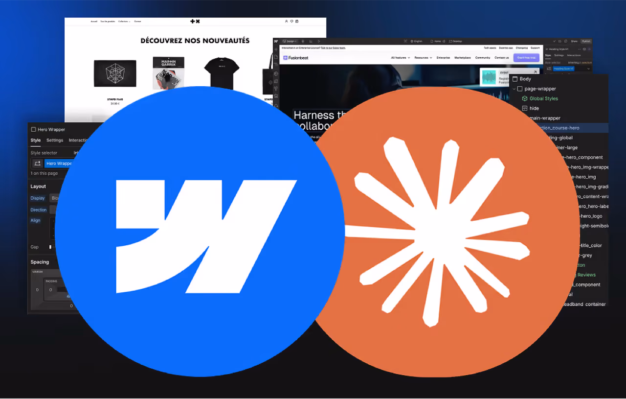 Le visuel de la formation Webflow : des écrans du Designer, le logo Webflow et l'astérisque Coriace