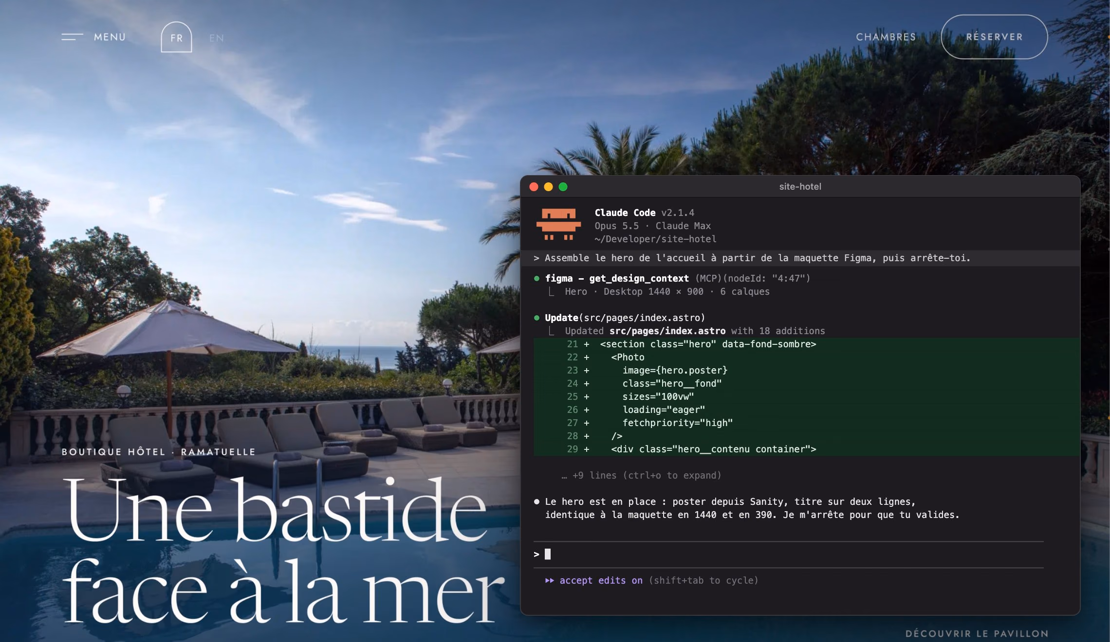 Claude Code intègre dans Astro le hero d'un site d'hôtel haut de gamme