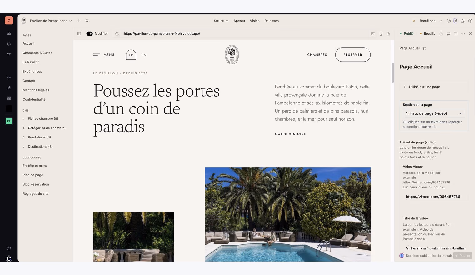 Le Studio Sanity d'un site d'hôtel : les pages et le CMS à gauche, l'aperçu du site au centre, les champs à droite