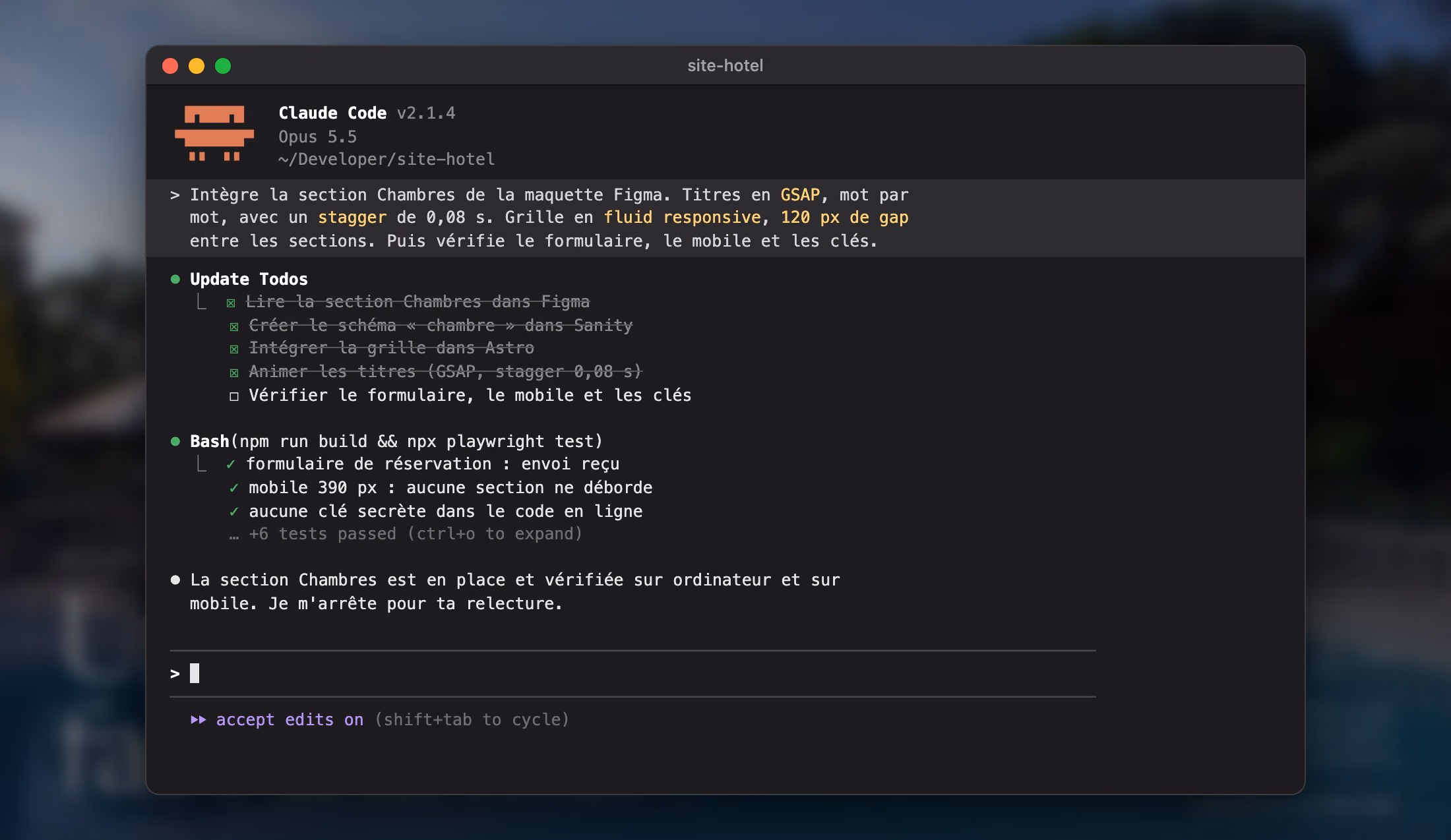 Claude Code suit une consigne précise, coche ses étapes dans l'ordre et vérifie le formulaire, le mobile et les clés avant de livrer